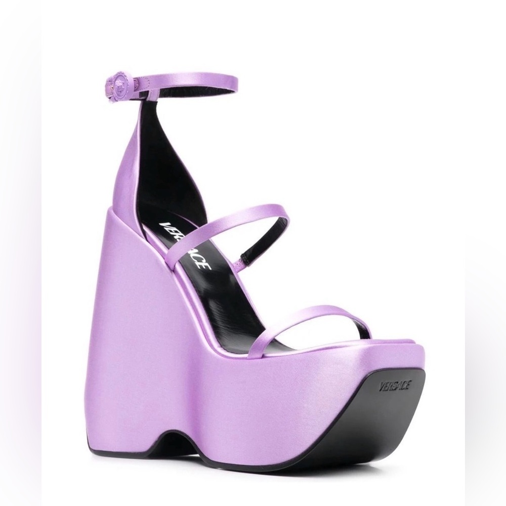 Versace Womens Safety Pin Satin Platform Wedge Sandals